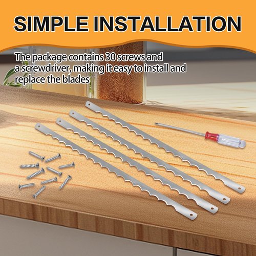 AAEJE 12 Pcs Bread Bow Knife Blades, 10.8" Serrated Stainless Steel blades with Screws, Screwdriver, and Safety Guard, Replacement for Wood Bread Cutter, Bow Bread Knife Replacement Blades