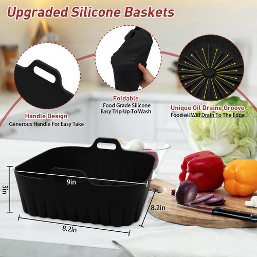 Square Silicone Air Fryer Liners, 2Pcs 9 Inch Reusable Air Fryer Pot, Airfryer Accessories, Air Fryers Inserts for 6 to 9 QT for Oven Microwave Accessories (9 Inch-Grey+Black)