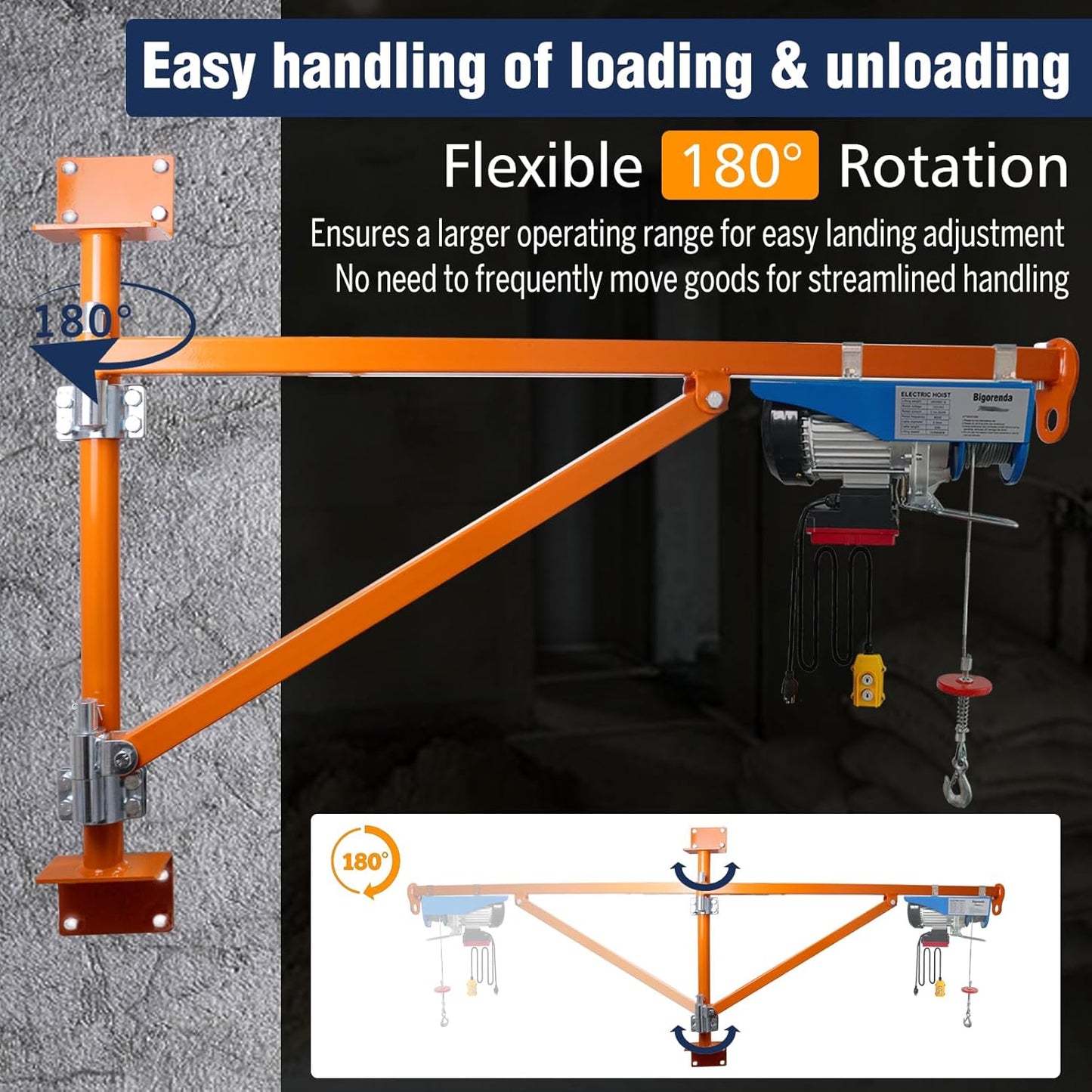 Wall Mount Jib Crane,Hoist Bracket,660lbs Max Load Capacity Electric Scaffolding Lift,All Steel Construction,Electric Hoist Holder Swing Arm with Pole,Shop Crane Jib with 180 Degree Rotation