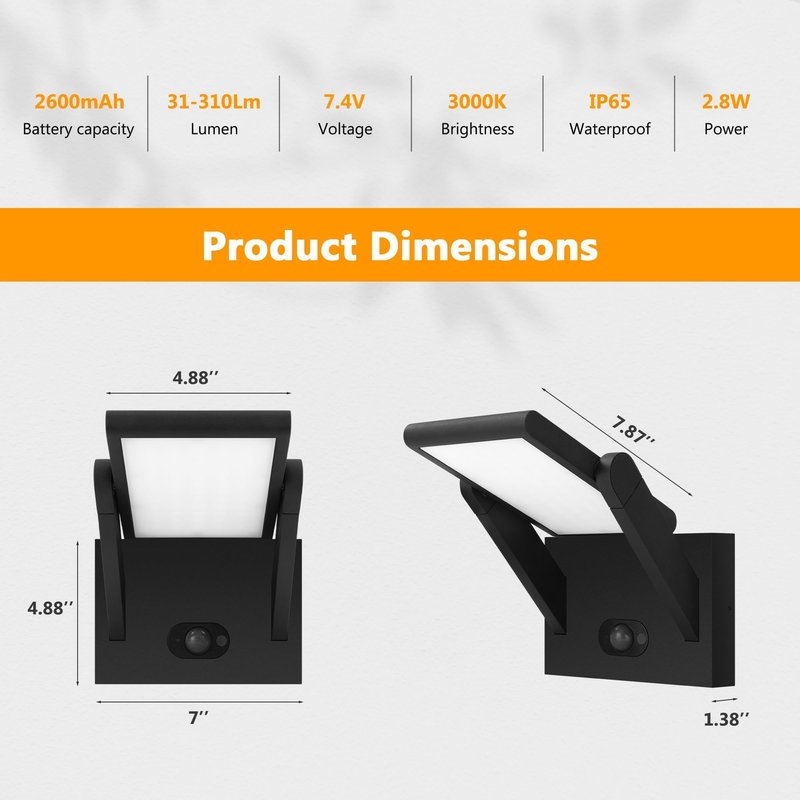 illumishin Solar Outdoor Motion Sensor Wall Light, LED Dimmable Modern Exterior Light Fixture, Rotatable with 3 Lighting Modes, Aluminum, IP65 Waterproof for Porch, Patio, Garden, Garage, Front