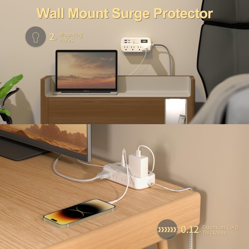 Overtop 12 IN 1 Power Strip Surge Protector, 8 Outlets 4 USB (2 USB C Ports), Compact Wall Outlet Extender, Nightlight Flat Plug 5FT Braided Extension Cord Charging Station for Travel Home Office Dorm