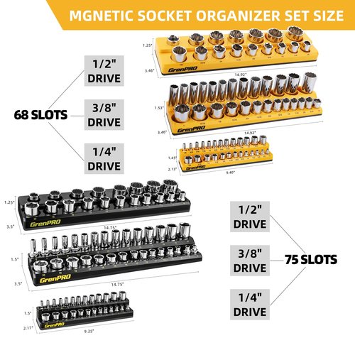 Socket Organizer for Tool Box Drawer, GRENPRO 6pc 143 Metric & SAE Magnetic Socket Holder, 1/4", 3/8", 1/2" Drive Socket Tray Set, Magnetic Socket Organizer