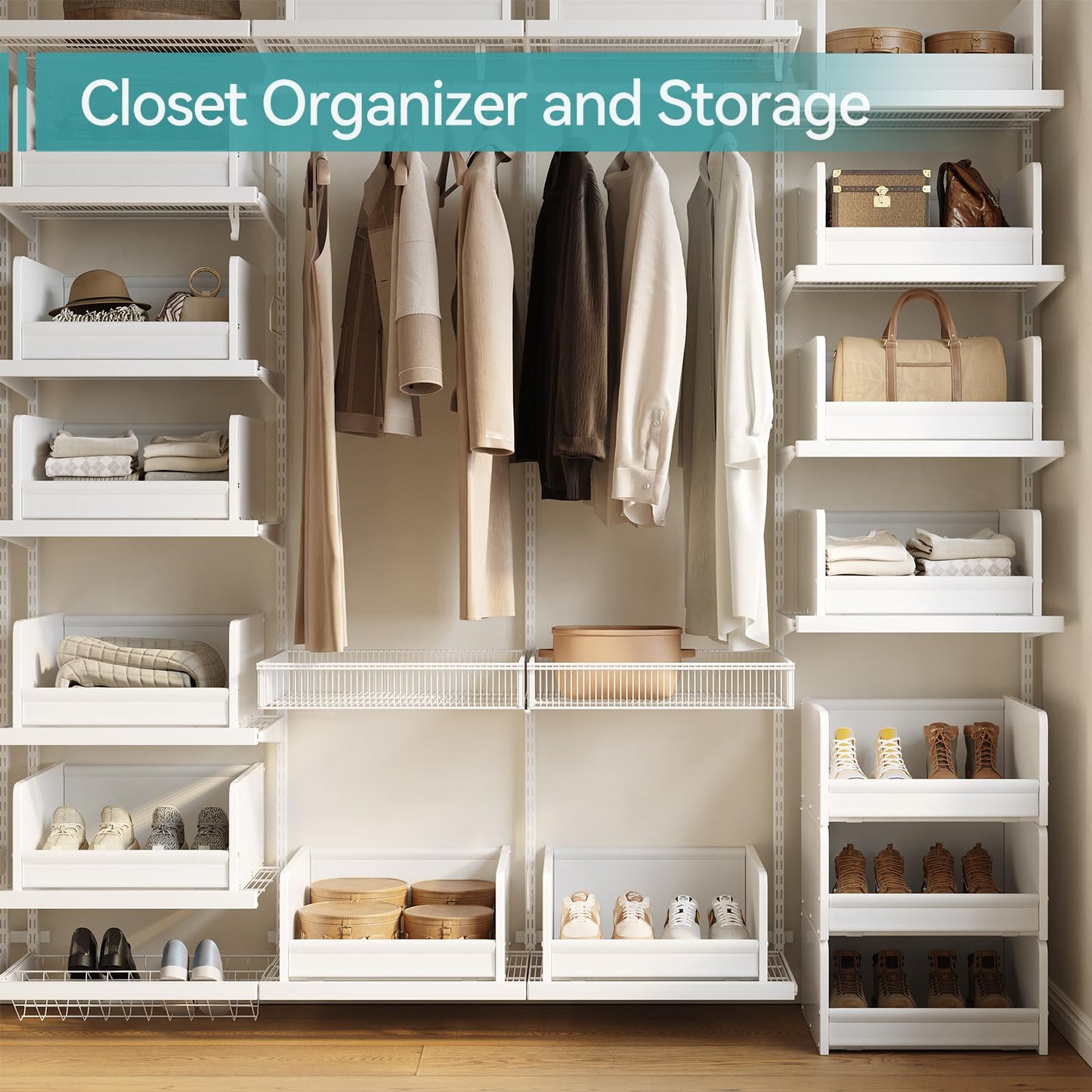 FOUCSSOMEI Closet Organizers and Storage, Stackable Closet Organizer, Wooden Frame with Polyester Fabric Shelves, Large Capacity Closet Shelf Organizer for Folded Clothes, White,Patent Design