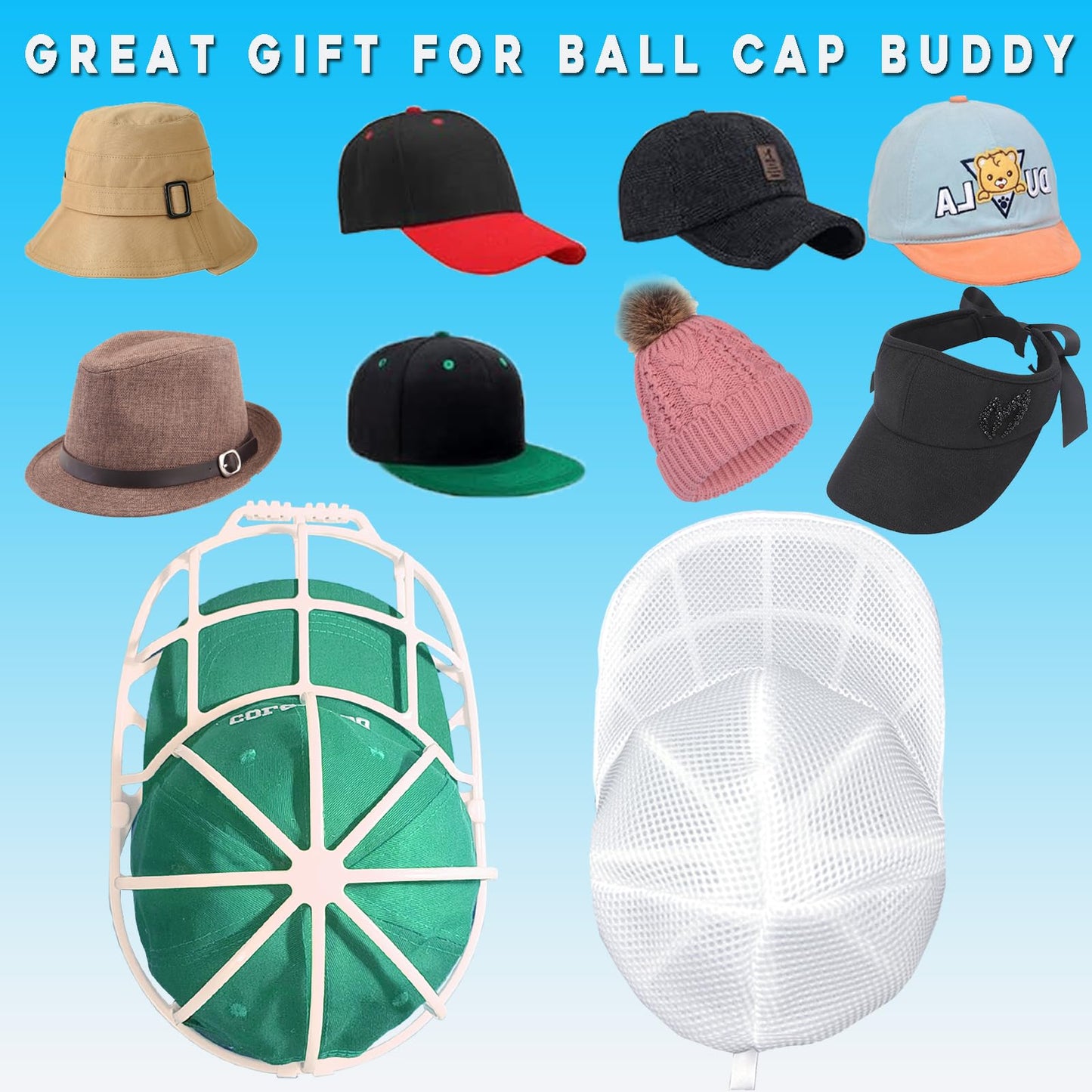 MCHKJ Hat Washer Cage for Washing Machine, Cap Washer with Mesh Bags, Hat Washer for Baseball Caps, Hat Cleaner/Cleaning Protector Cage (White - 2 Pack)