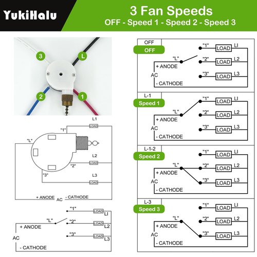 YukiHalu Ceiling Fan Pull Chain Switch 3 Speed 4 Pre-Installed Wires, ZE-208S, Replacement Fan Light Switch for Ceiling Fans and Light Kits (Antique 1Pack)