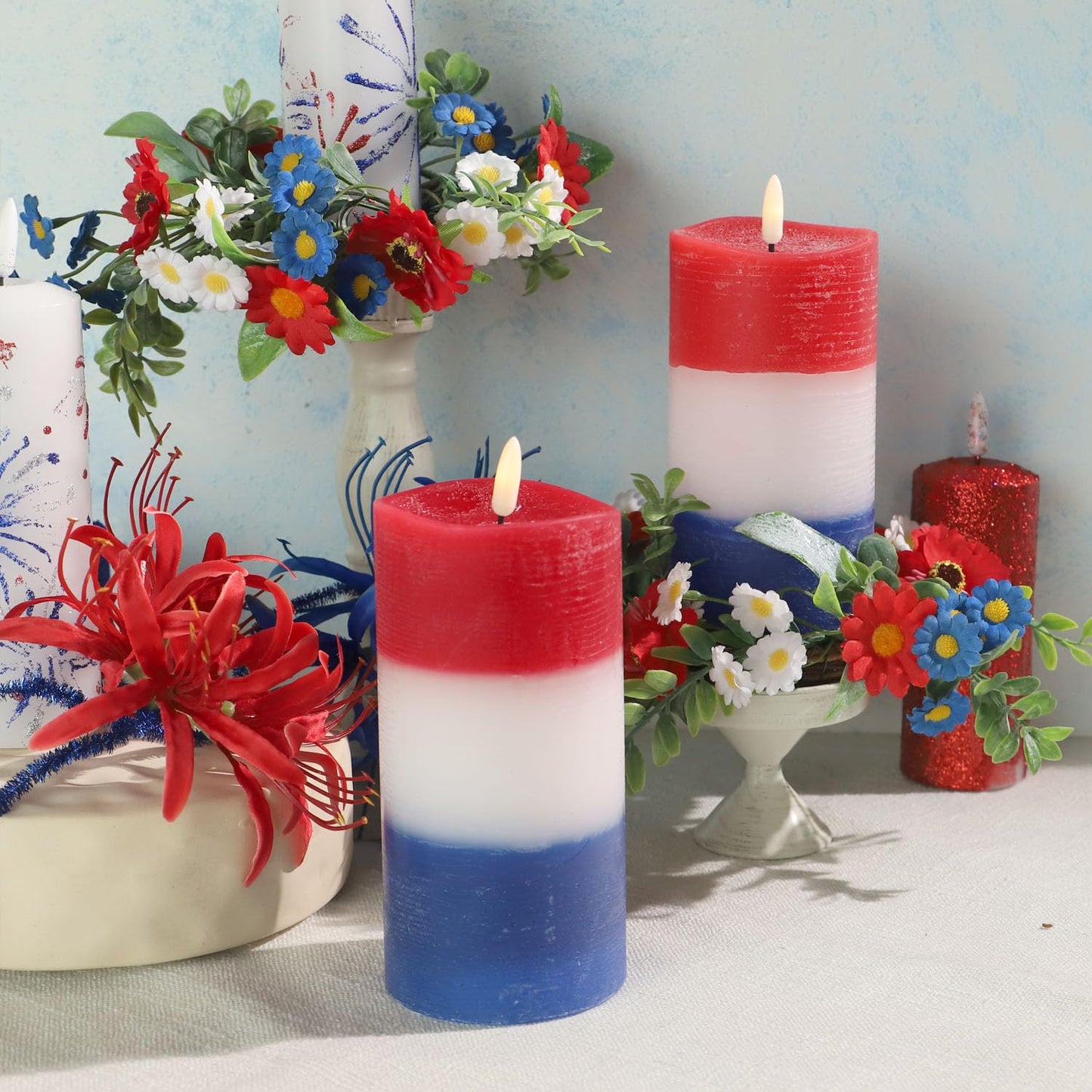 4th of July Pillar Candles - Concave Edge,Real Wax, Red White Blue Patriotic Flameless Candle (3"×6") Battery Operated with Remote Timer Flickering LED Candles for Patriotic Holiday Decor