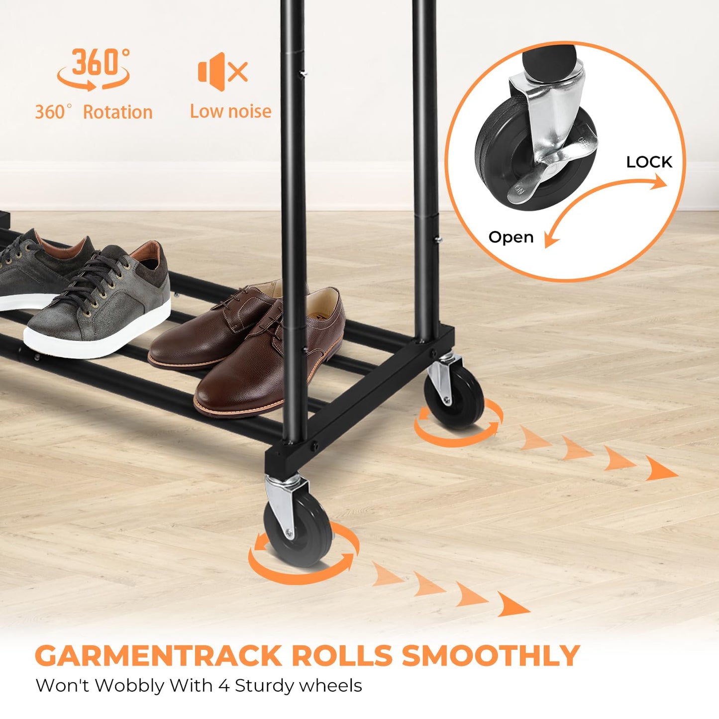 Fishat Stand Portable Black Double Rods Garment Rack with Rolling Clothes Organizer on Lockable Wheels Mobile, 48" W x 15" D x 67" H, Metal Simple Hanging Clothes with 2 Hook