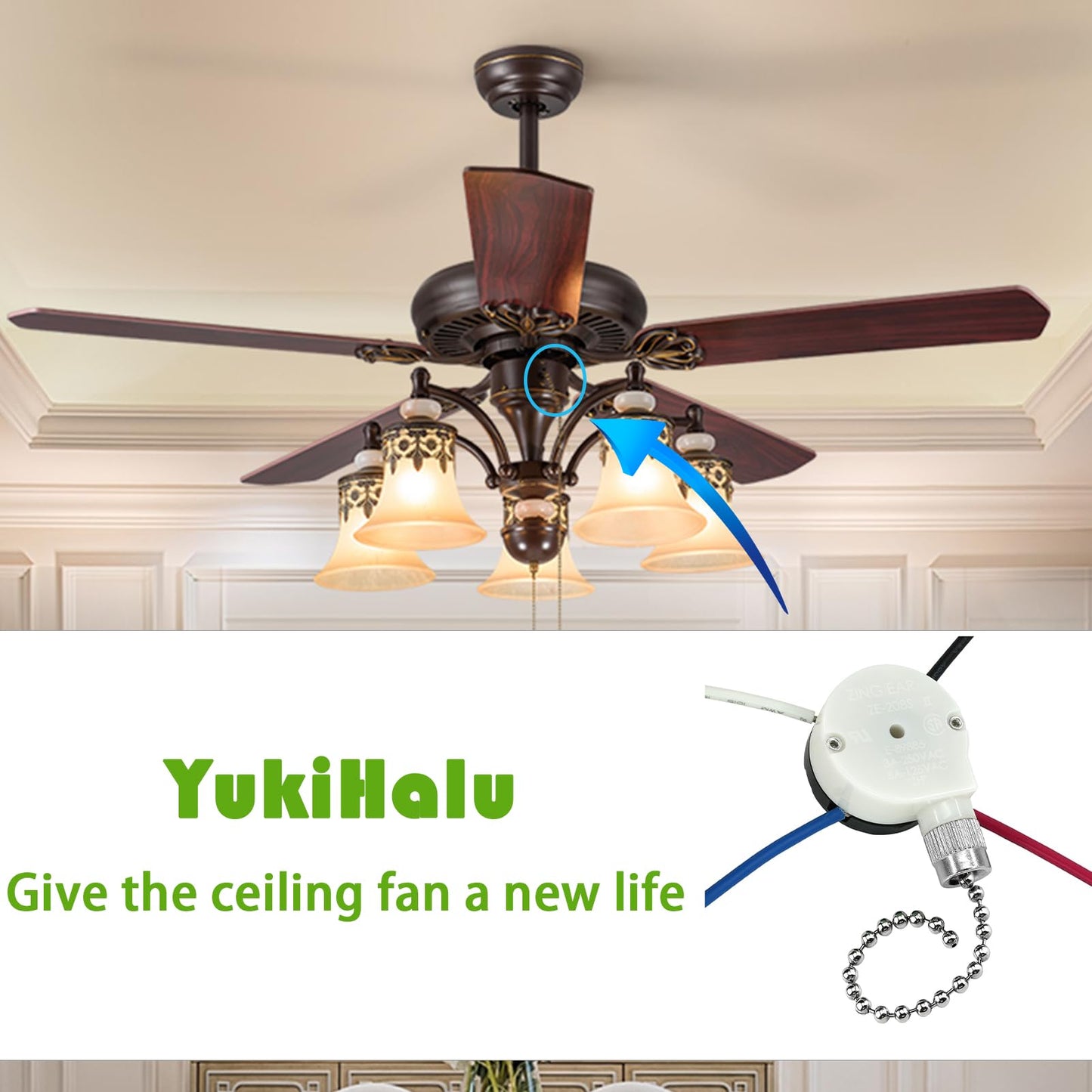 YukiHalu Ceiling Fan Pull Chain Switch 3 Speed 4 Pre-Installed Wires, ZE-208S, Replacement Fan Light Switch for Ceiling Fans and Light Kits (Antique 1Pack)