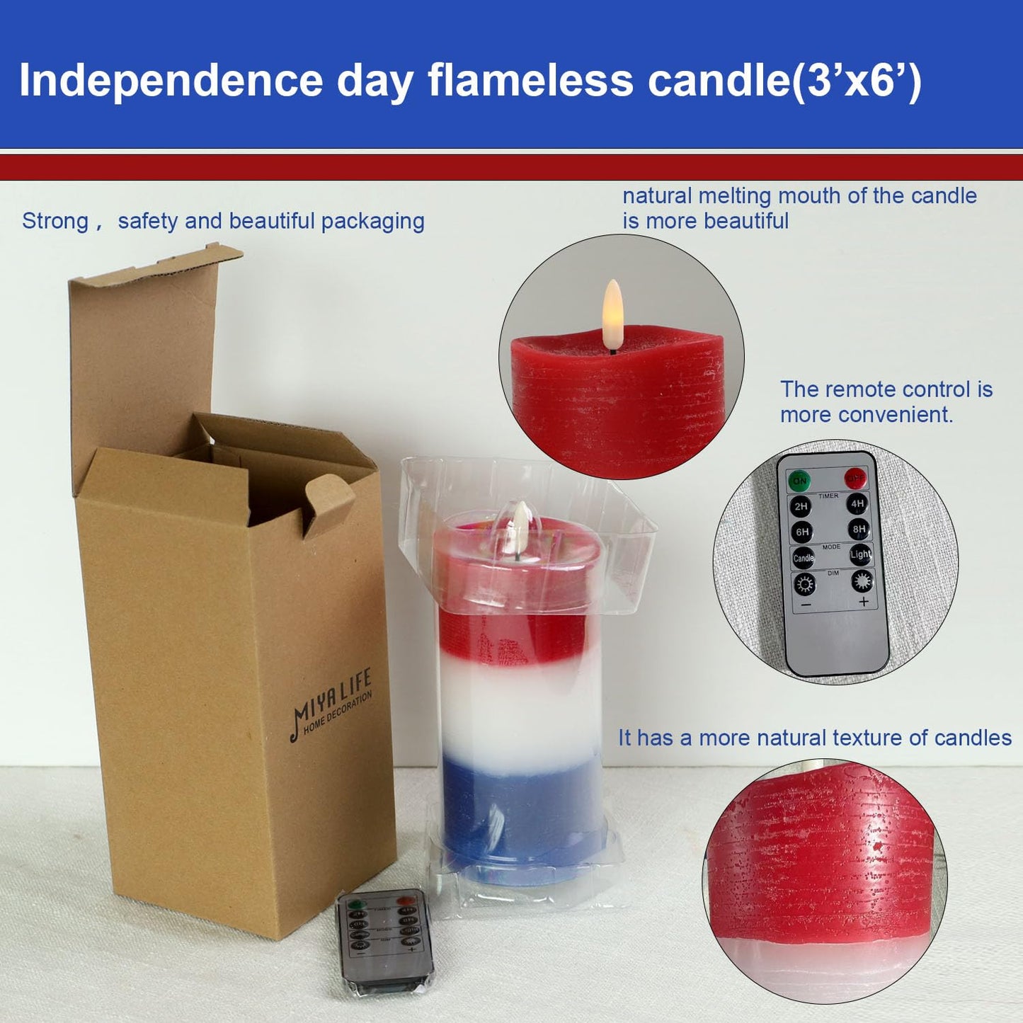 4th of July Pillar Candles - Concave Edge,Real Wax, Red White Blue Patriotic Flameless Candle (3"×6") Battery Operated with Remote Timer Flickering LED Candles for Patriotic Holiday Decor