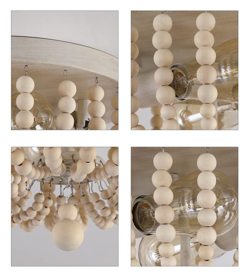 Q&S Boho Chandelier Wood Beaded Flush Mount Ceiling Light Fixtures for Nursery Baby Bedroom Kitchen Hallway,Oak White Finish,2-Lights