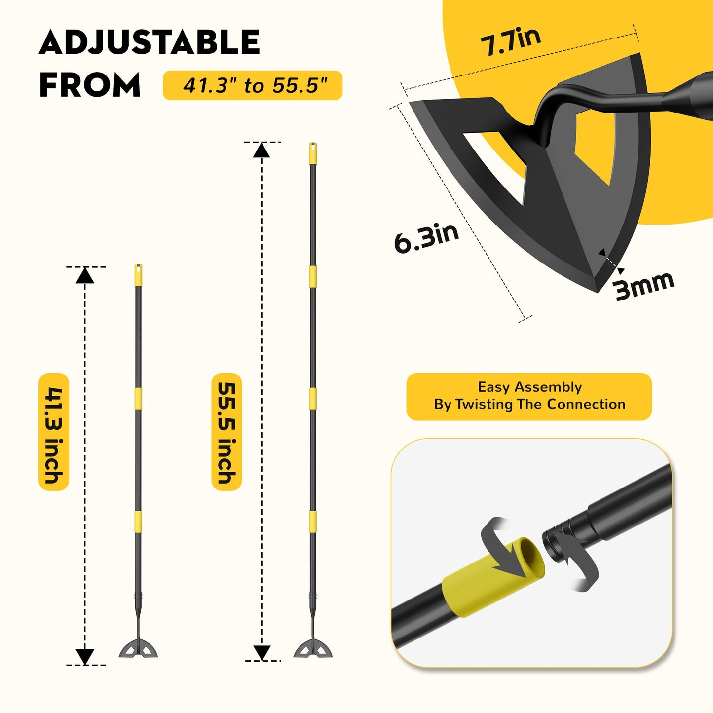 DwelSpire Hoe Garden Tools, Metal Heavy-Duty Triangular Garden Hoe for Easier Weeding and Digging, 41.3-55.5 Inch Adjustable Long Handle, Black