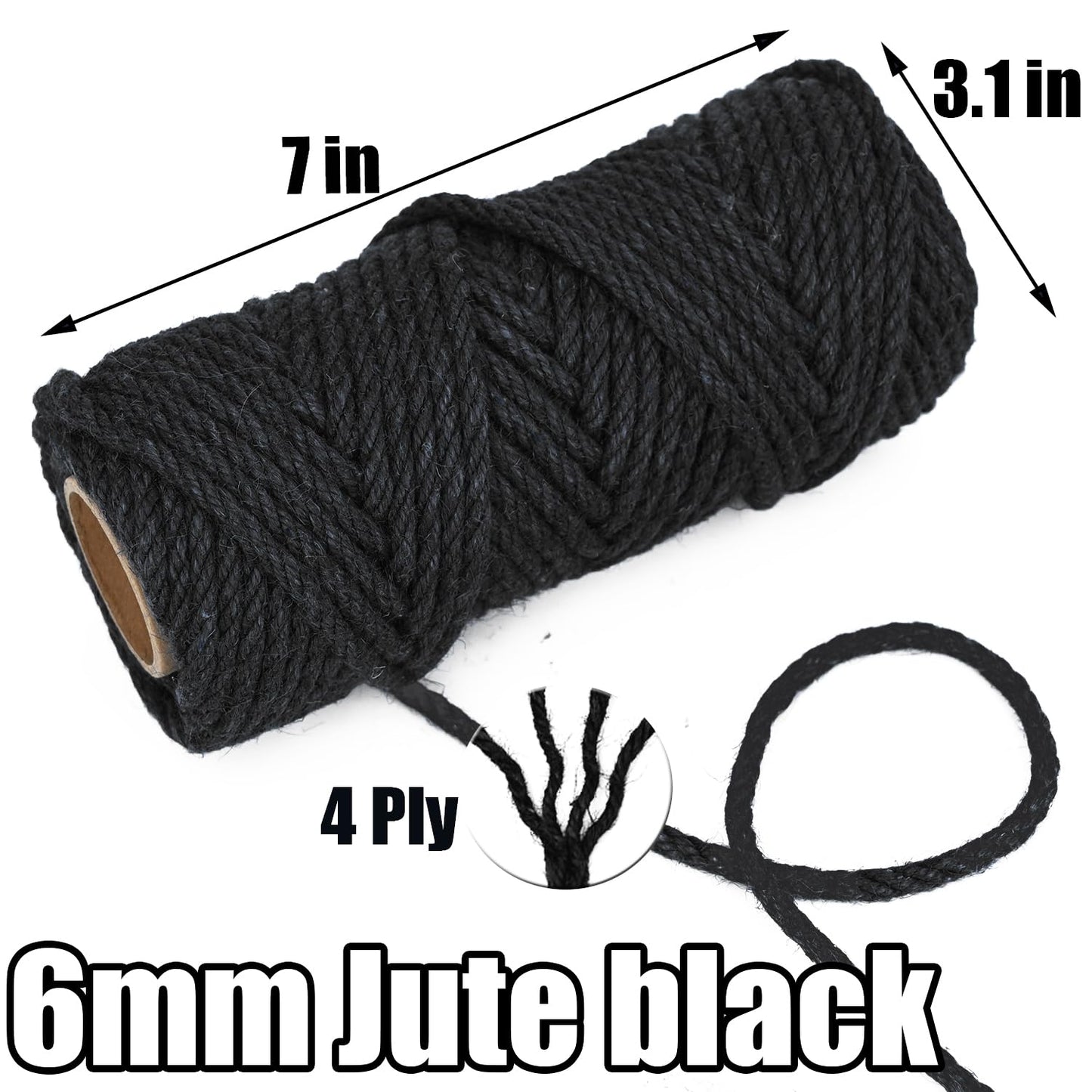 Leecogo 6mm Jute Rope 100 Feet Natural Craft Rope Twine String Perfect for Home Gardening Macrame Arts Crafts DIY Cat Scratching Post Replacement Repairing Recovering Cats Toy Making,Black