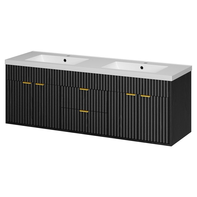 CARPETNAL 60 Inch Bathroom Vanity with Sink, Modern Fluted Large Double Sink Bathroom Vanity with Sink with 2 Storage Cabinets, Adjustable Shelf and 2 Drawers, Black