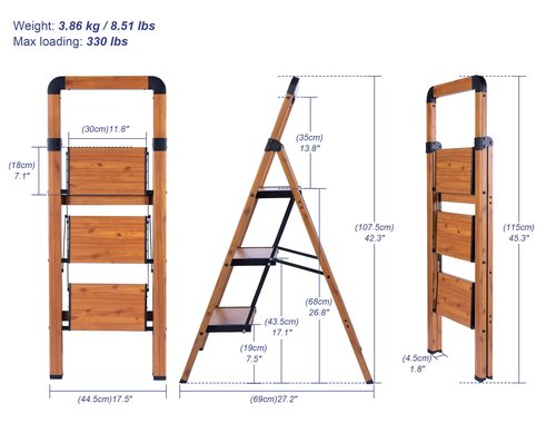 Step Ladder Woodgrain Finish Aluminum Folding Step Stool 3 Step Stairs,Anti-Slip Portable Sturdy for Home & Kitchen Office 330 lbs
