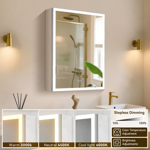 pidock Bathroom Medicine Cabinet Mirror 24"x30", Dimmable Aluminum LED Mirror Cabinet with Anti-Fog, Soft-Close Hinges, Adjustable Glass Shelves, Touch Sensor, High CRI Lighting,Single Door Right