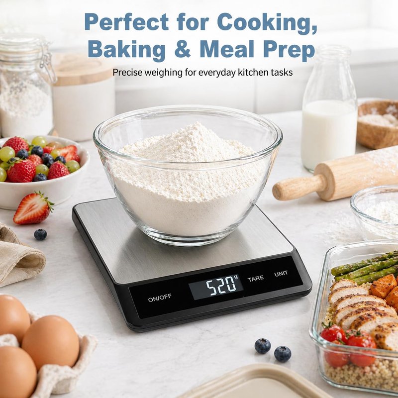 33LB/15KG Digital Kitchen & Food Scale – Waterproof Stainless Steel, USB Rechargeable, 1g Precision, Tare Function for Cooking, Baking, Meal Prep