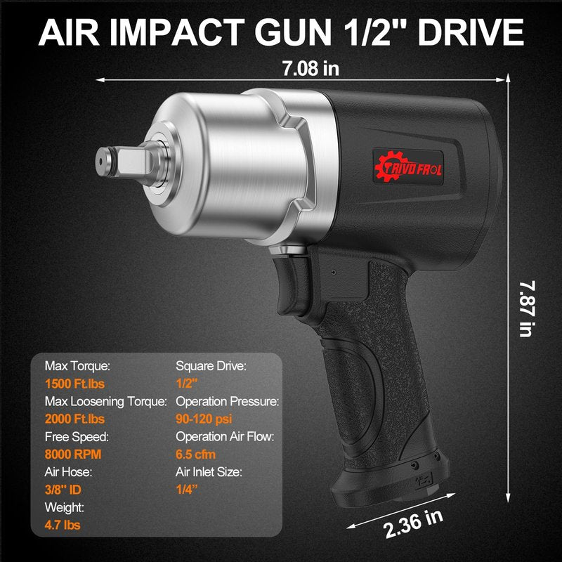 Trivd Frol Air Impact Wrench 1/2" - 1/2 Inch Impact Gun 1/2 Drive, 1500Ft-lbs, 8000RPM High Torque Impact Wrench, Weight 4.74 lb, 1/2 Air Impact Gun for Auto Repair, Tire Shop