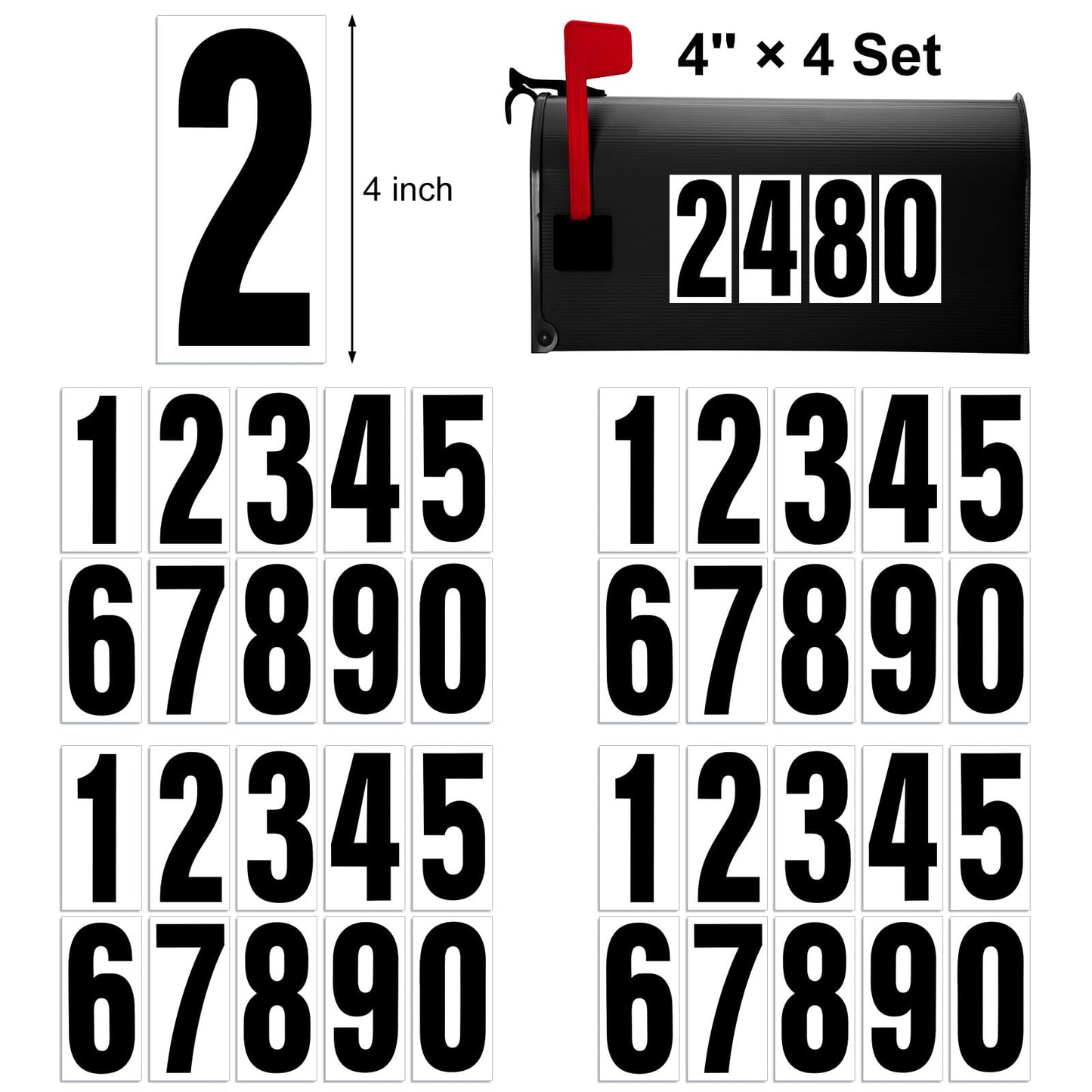 Reflective Number Stickers, 4 Sets 4 Inch Vinyl Waterproof Black Mailbox Numbers for Outside, Strong Self-Adhesive House Numbers Decals for Mailbox Door Signs Trucks