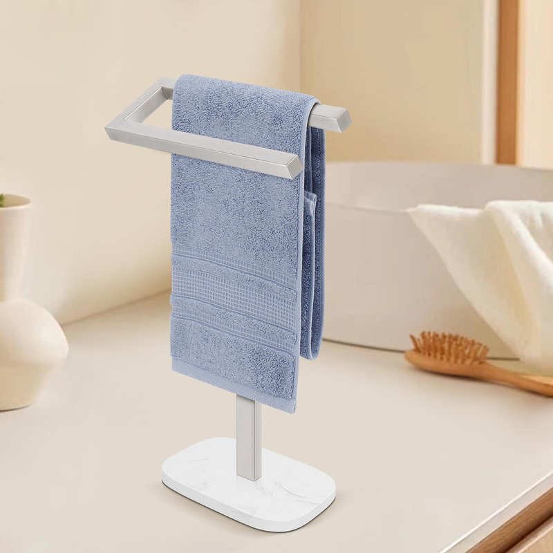 Livabber Standing Hand Towel Holder, 304 Stainless Steel Hand Towel Rack Stand with Heavy Marble Base, Bath Accessories, Towel Ring for Bathroom Kitchen Countertop, 14 Inch (Brushed Nickel)