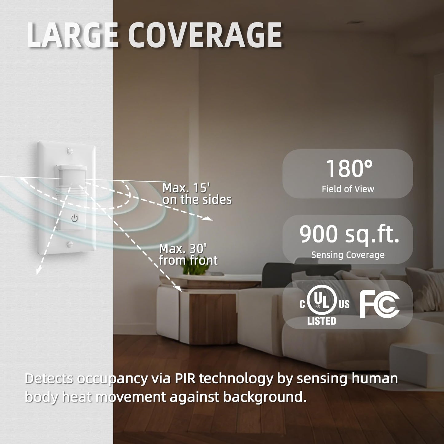 ECOELER Motion Sensor Light Switch, No Neutral Wire, PIR Infrared Motion Activated Wall Switch with Sensitivity Adjustable, OCC & VAC Selectable, Single Pole, UL Listed & FCC Listed, White