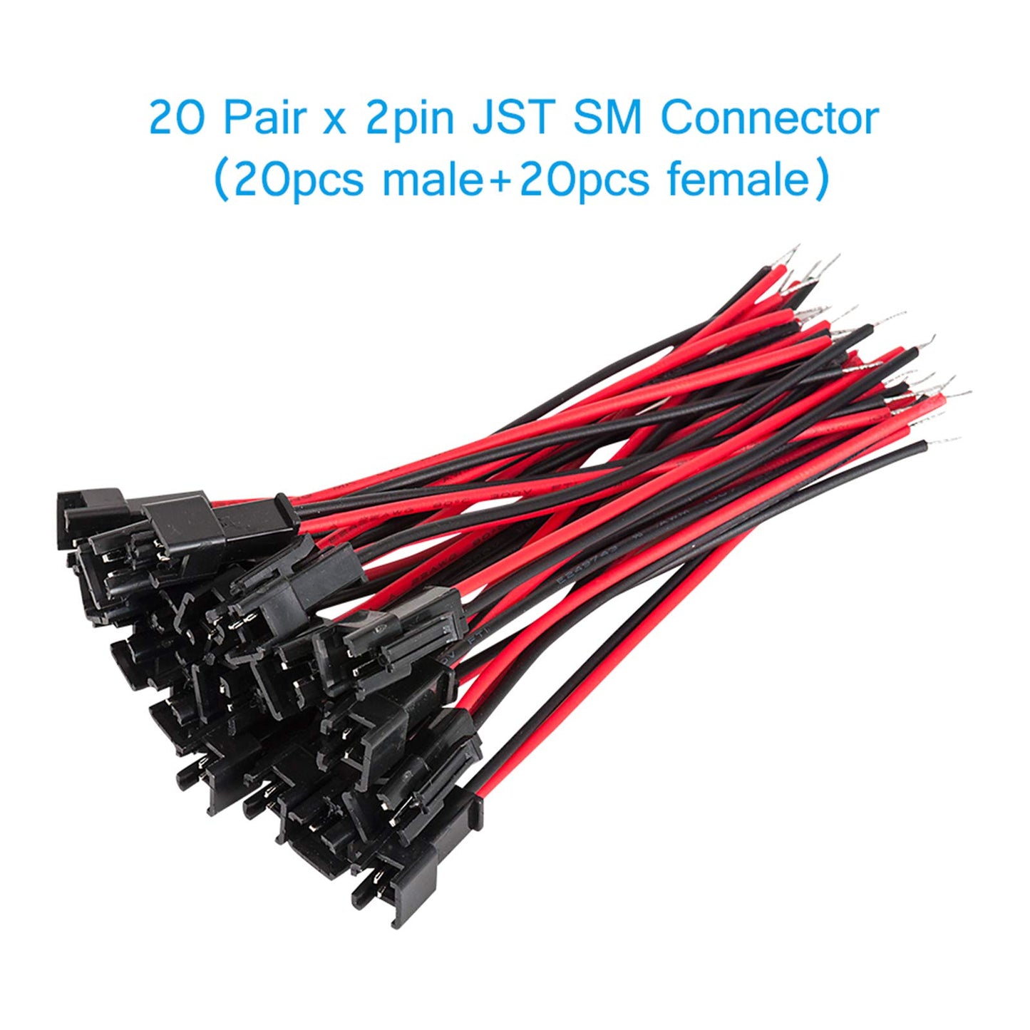 VANDESAIL JST SM Connector 40 Pack, SM 2Pin Jack Plug Male to Female Wire Connector Adapter Electrical Cable for LED Light Strip 20 Pairs 10CM (JST SM 2 Pin Connector)