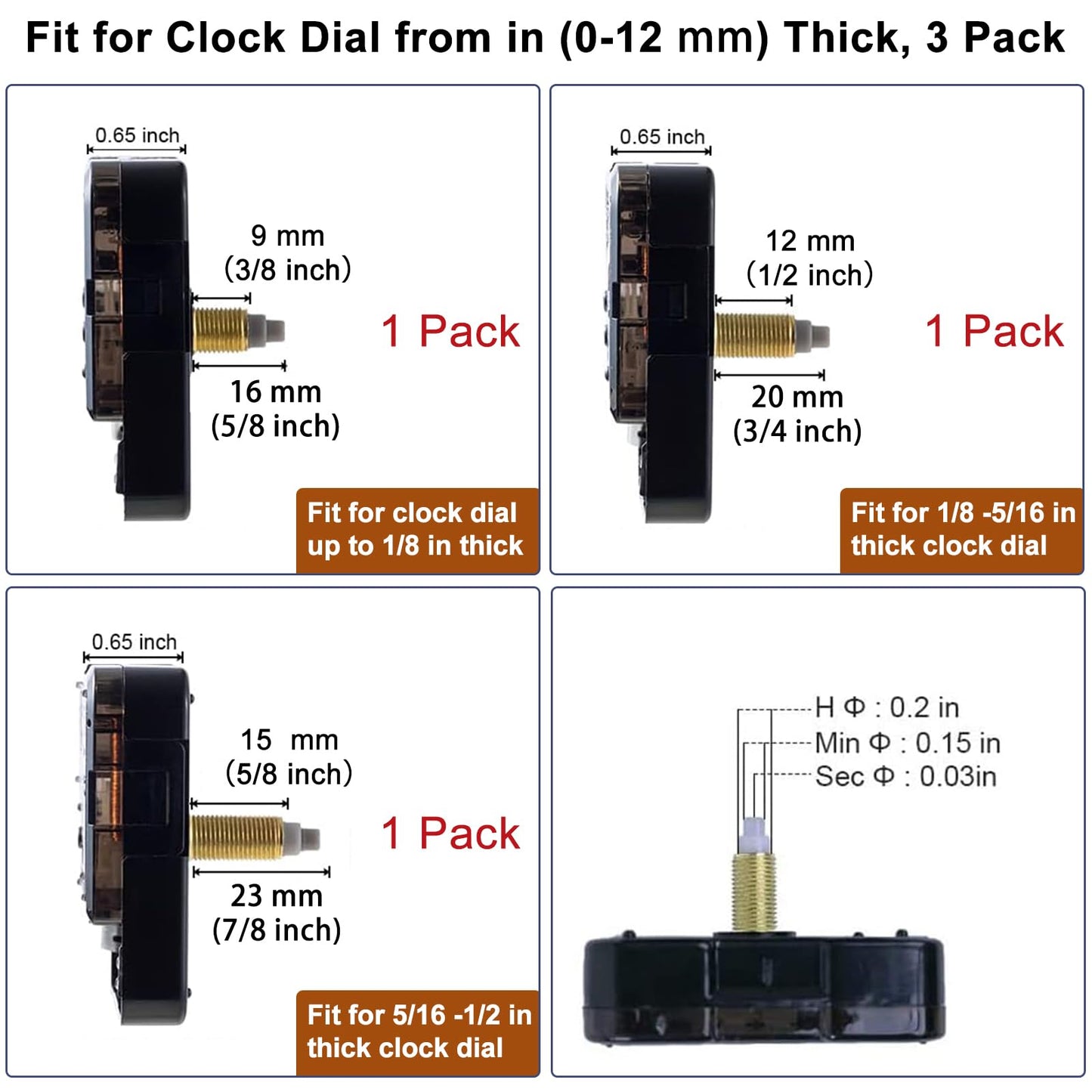EMOON 3-Piece Silent Clock Mechanism Kit with 8 Pairs of Short Clock Hands Battery Operated Quartz Movement for DIY Clock Repair and Replacement (Total Shaft Length 16mm, 20mm, 23mm)