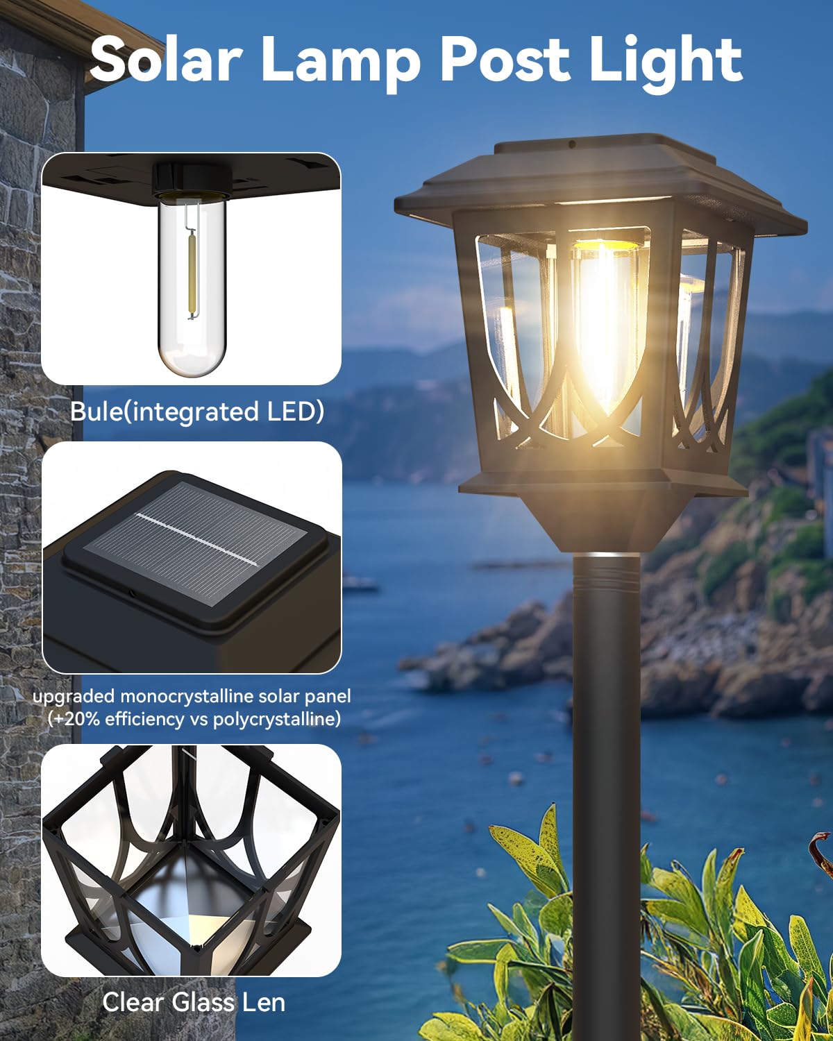 2 Pack Solar Lamp Post Light 40 Inch, Metal Glass Outdoor Solar Lights Waterproof Garden Pole Lights, Auto Dusk-to-Dawn Post Lamp Lights for Outside Backyard Front Warm White (2 Installation Modes)