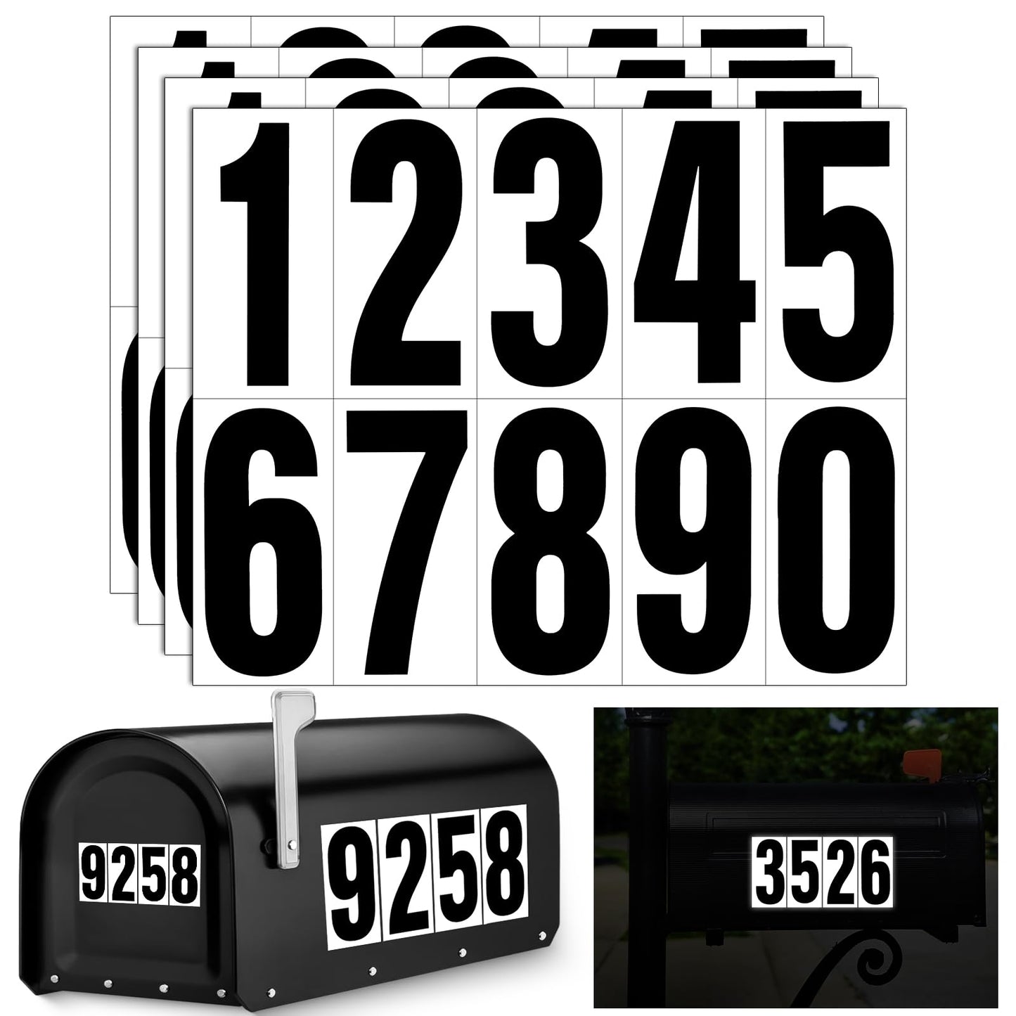 Reflective Number Stickers, 4 Sets 4 Inch Vinyl Waterproof Black Mailbox Numbers for Outside, Strong Self-Adhesive House Numbers Decals for Mailbox Door Signs Trucks