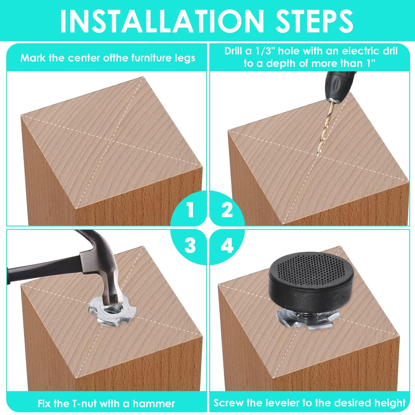 YBEATY 14 Pcs Thread Leveling Feet Heavy Duty Glide Chair Legs Antislip Individual Adjustable Furniture Levelers Threaded Screw on Table Feet for Cabinets Stool Desk Dresser Furniture