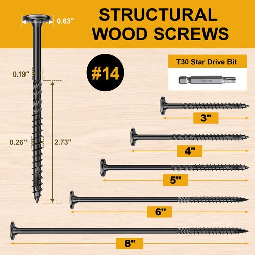 #14 x 3 Wood Structural Lag Screws 54Pcs Star Drive Decking Screws, Rust Resistant Timber Screws for Timber/Log/Landscaping Wood