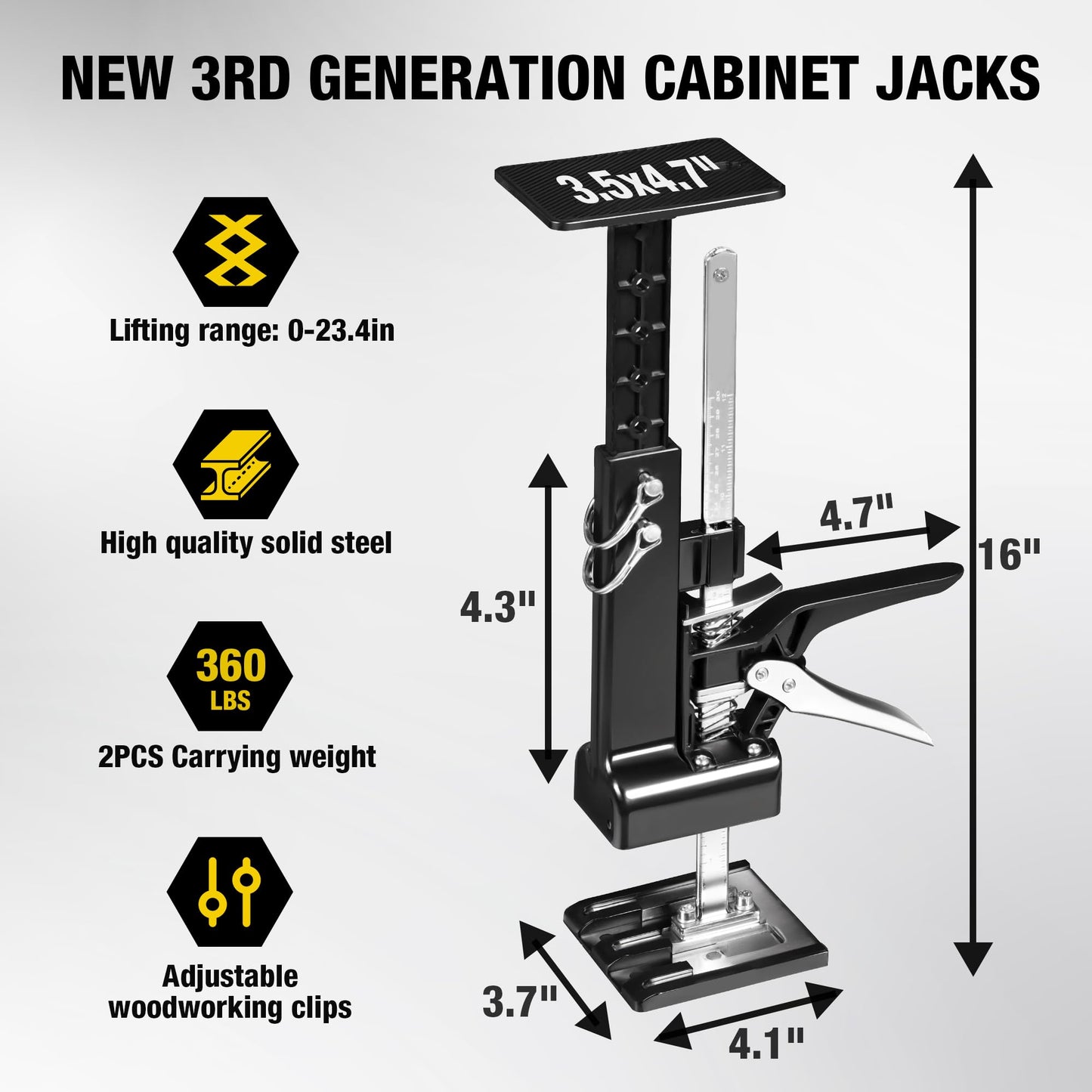 YELLOW JACKET Cabinet Jacks 2 Pack for Installing Cabinets, Labor Saving Arm Jack with 360 LBS,0 to 23.4 inches, 3rd Hand Support System, Drywall Lift, Hand Lifting Jack Tool