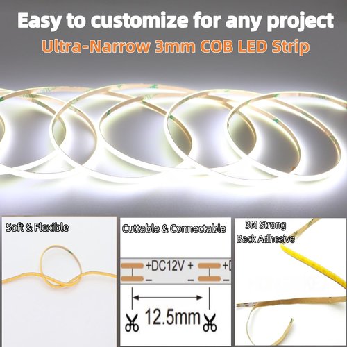 Cinlitek COB LED Strip Light, Ultra-Thin 12V 3mm16.4ft Ultra High Density Tape Light, 480LED/m, CRI 90+, Flexible Cuttable LED Lighting for Home Indoor Decor (Without Power Supply)