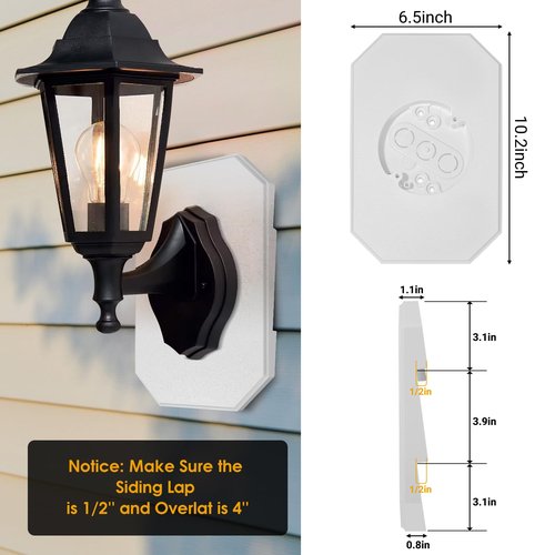 FreeCat Siding Mounting Kit,8141DBL Light Mounting Block with Built-in Box for 1/2 inch Lap Double Vinyl Siding,White,Pack of 2