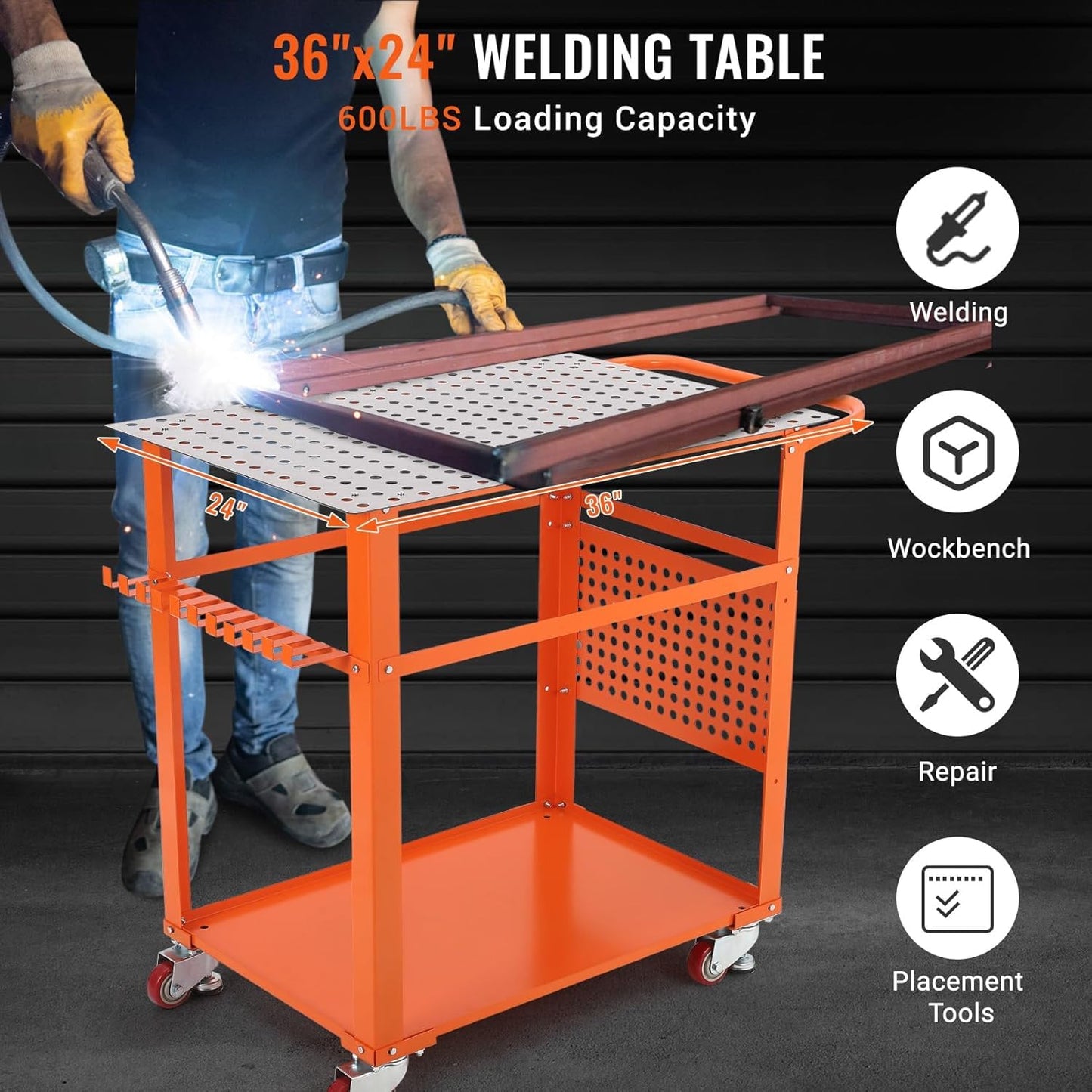 TrailBlaze 36'' x 24'' Welding Table with Wheels, 600 LBS Portable Welding Fixture Table with Handle & Storage Board, 5/8-inch Fixture Holes Tool Slots, Movable Steel Welding Workbench Table for Shop