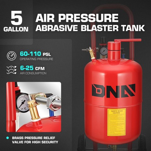 DNA MOTORING 5Gallon Sandblaster Air Sand Blaster Kit, Pot Sandblaster, 125 PSI High Pressure Sand Blasting Machine for Special Surface Treatment, Stain Removal Paint, w/4 Ceramic Nozzles, TOOLS-00655