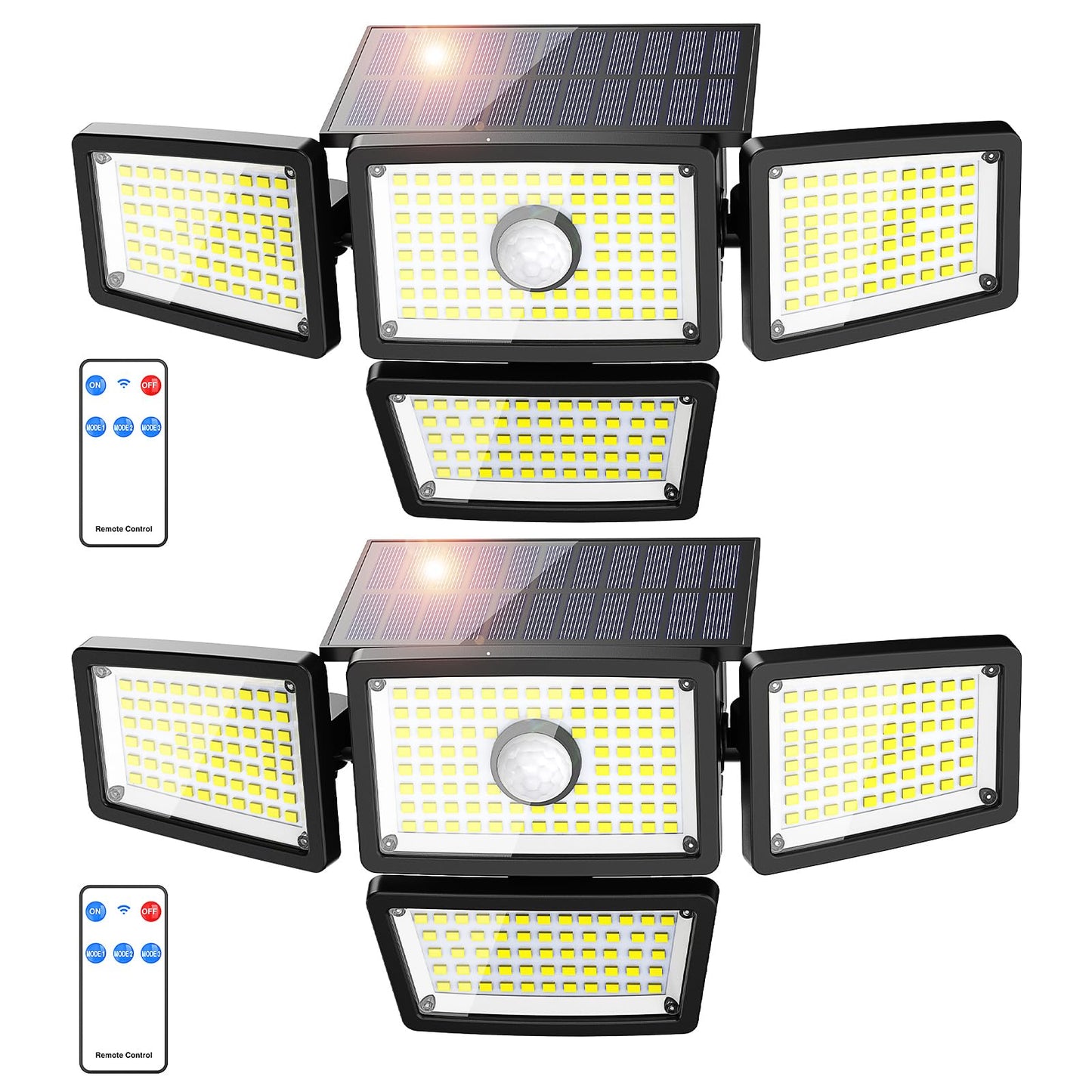 omibee 3000LM Solar Lights Outdoor, 4 Adjustable Heads Solar Motion Sensor Lights with 283 LED, IP65 Waterproof Security Wall Lights, Remote Control Flood Lights for Graden, Outside, Backyard 2 Pack