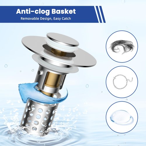 Hygie Rinse Upgraded Bathroom Sink Drain Strainer Hair Catcher with Removable Stainless Steel Filter Basket, 3 in 1 Universal Pop Up Sink Stopper for 1.1''~2.36'' Sink Basin Hole, Chrome