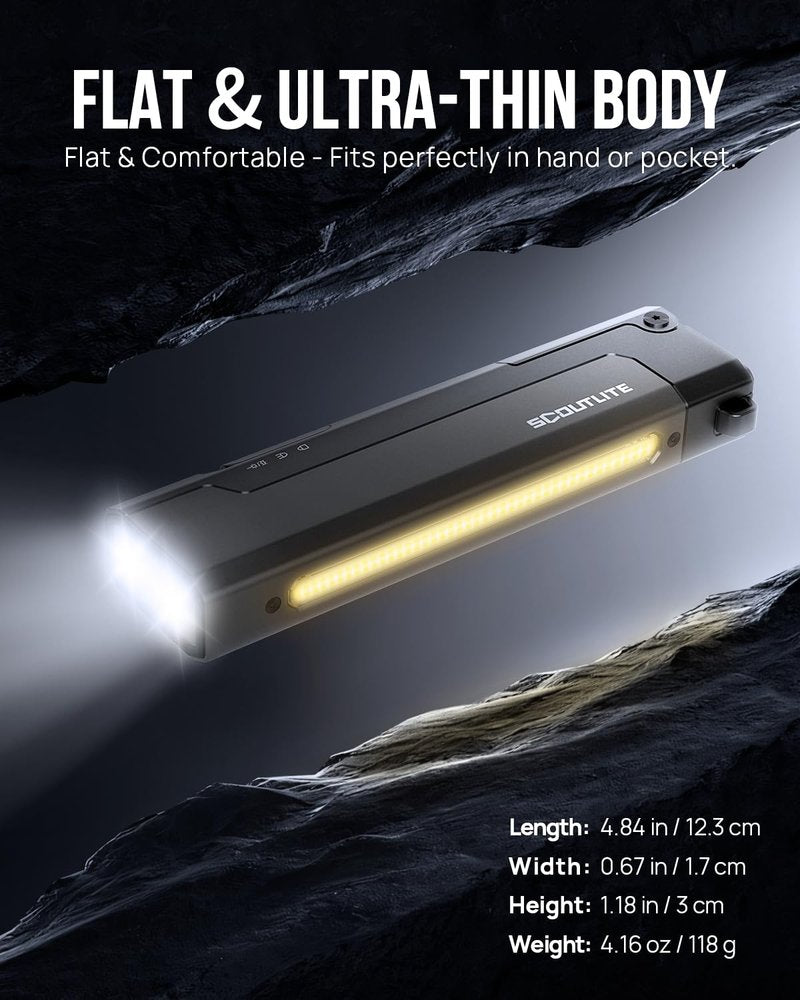 SCOUTLITE Vario GB 2000 EDC Flashlight with Green Beam, White and Warm LED Combo, 2000 Lumens Compact Magnetic Flat Pocket Lights, Triple Sources for Ourdoor Camping Inspection Emergency Work (Black)