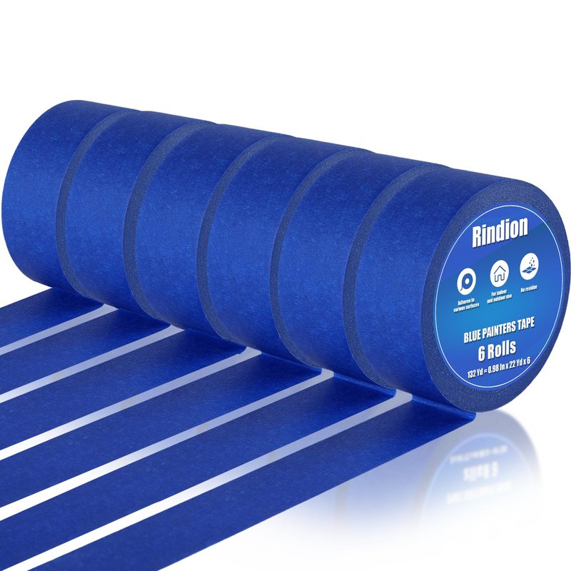 Rindion 6 Rolls Blue Painters Tape, Multi-Surface Masking Tape, 132 Yd Premium Paint Tape for Use in Wall Painting, DIY Art Creation, Automobiles, Drafting, and Furniture (0.98 in x 22 Yd x 6)