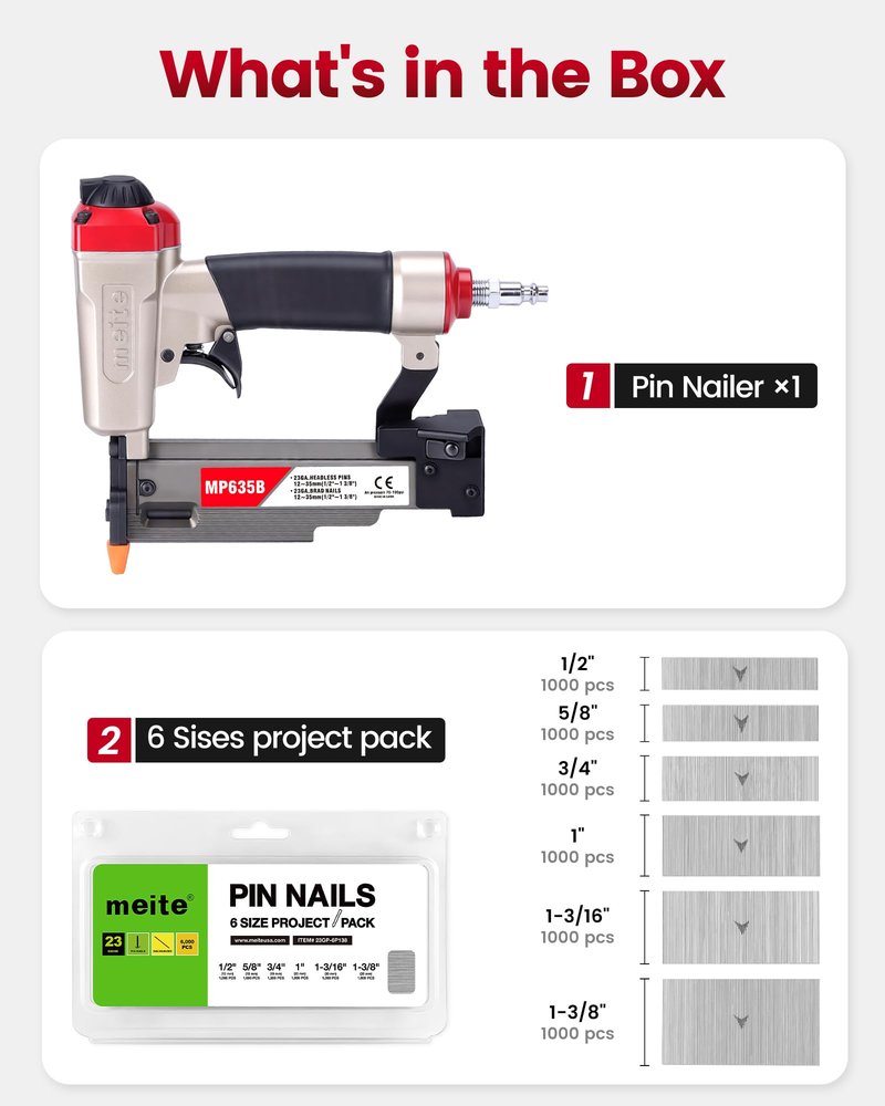 meite MP635B Pin Nailer with 6000 PCS Pin Nails (1/2", 5/8", 3/4", 1", 1-3/16", 1-3/8"), Pneumatic 23 Gauge Pin Nailer, Fits 1/2" to 1-3/8" 23 Gauge Pin Nails, Ideal for Paneling, Small Trim