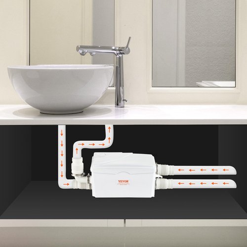 VEVOR 350W Utility Sink Pump, 6000 L/h Flow, 23 ft/7 m Head, Macerator Sewerage Sump Pump with 3 Water Inlets for Basement, Kitchen, Sink, Shower, Bathtub, Laundry Waste Water Disposal Upflush Machine