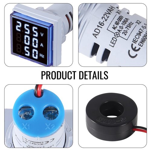 XIITIA 3pcs 3 in 1 60-500V 0-100A AC Digital Ammeter Voltmeter, 22mm Square Digital Tube Screen with Transformer, LED Display Voltage Detector Current Tester Gauge(Blue)