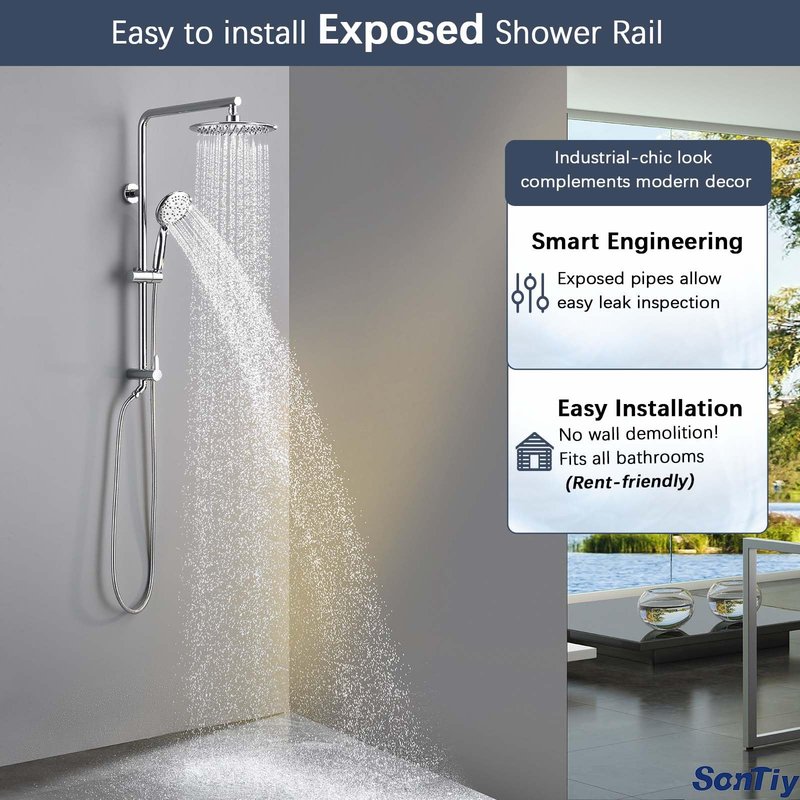 SonTiy 9" Shower Head with Handheld Spray, Rain Shower Heads System, 5 Spray Mode Handheld, Modern Shower System with Easy Reach Diverter, 72'' Hose and Height Adjustable Holder, Chrome