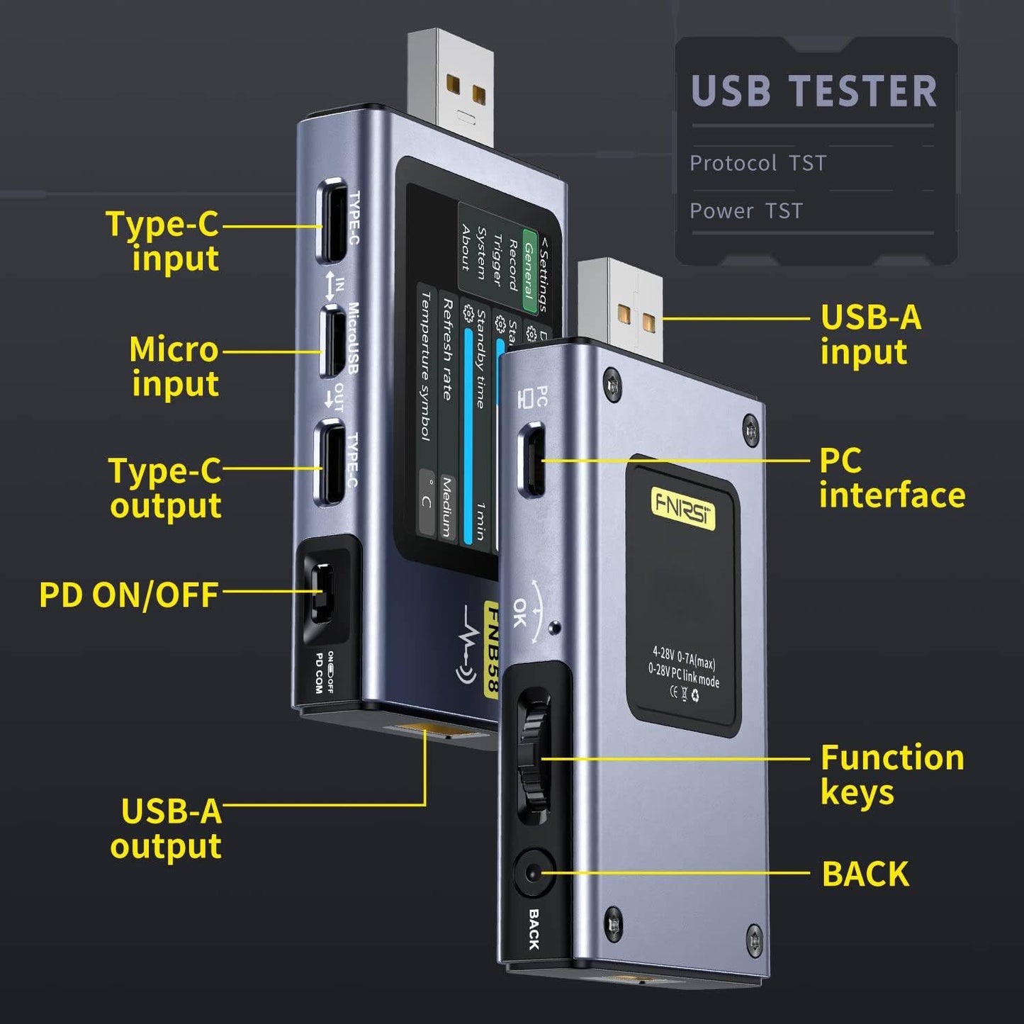 FNIRSI USB Tester 4-28V 7A LCD USB A&C Voltage Current Power Tester Multimeter with App Software, Fast Charge Detection Trigger Capacity Ripple Measurement, PD2.0/PD3.0,QC2.0/QC3.0