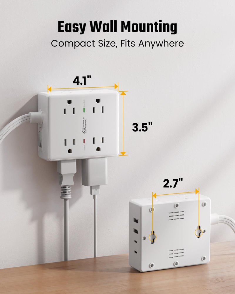 25Ft Long Extension Cord, Flat Plug Power Strip with 8 Outlets & 4 USB Ports (2 USB C), Wall Mountable Surge Protector, Desk Charging Station for Home Office, Dorm Room Essentials
