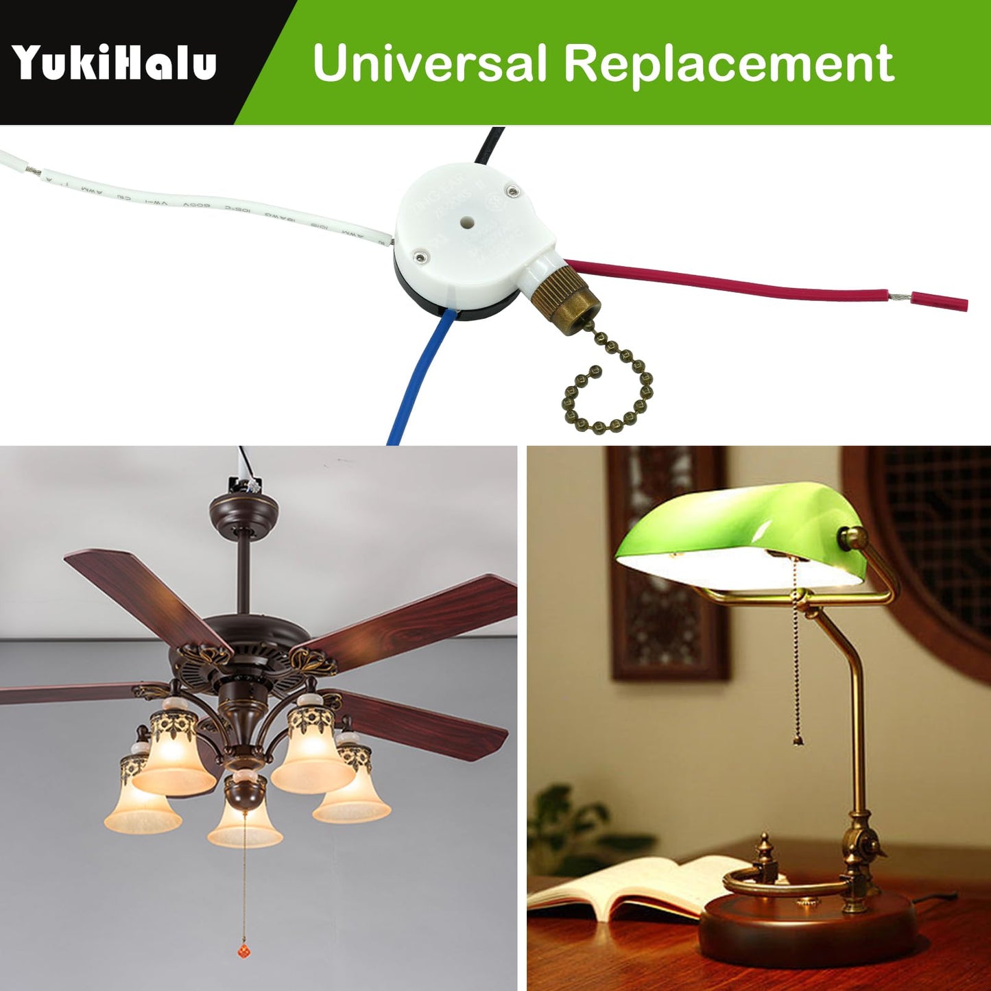 YukiHalu Ceiling Fan Pull Chain Switch 3 Speed 4 Pre-Installed Wires, ZE-208S, Replacement Fan Light Switch for Ceiling Fans and Light Kits (Antique 1Pack)