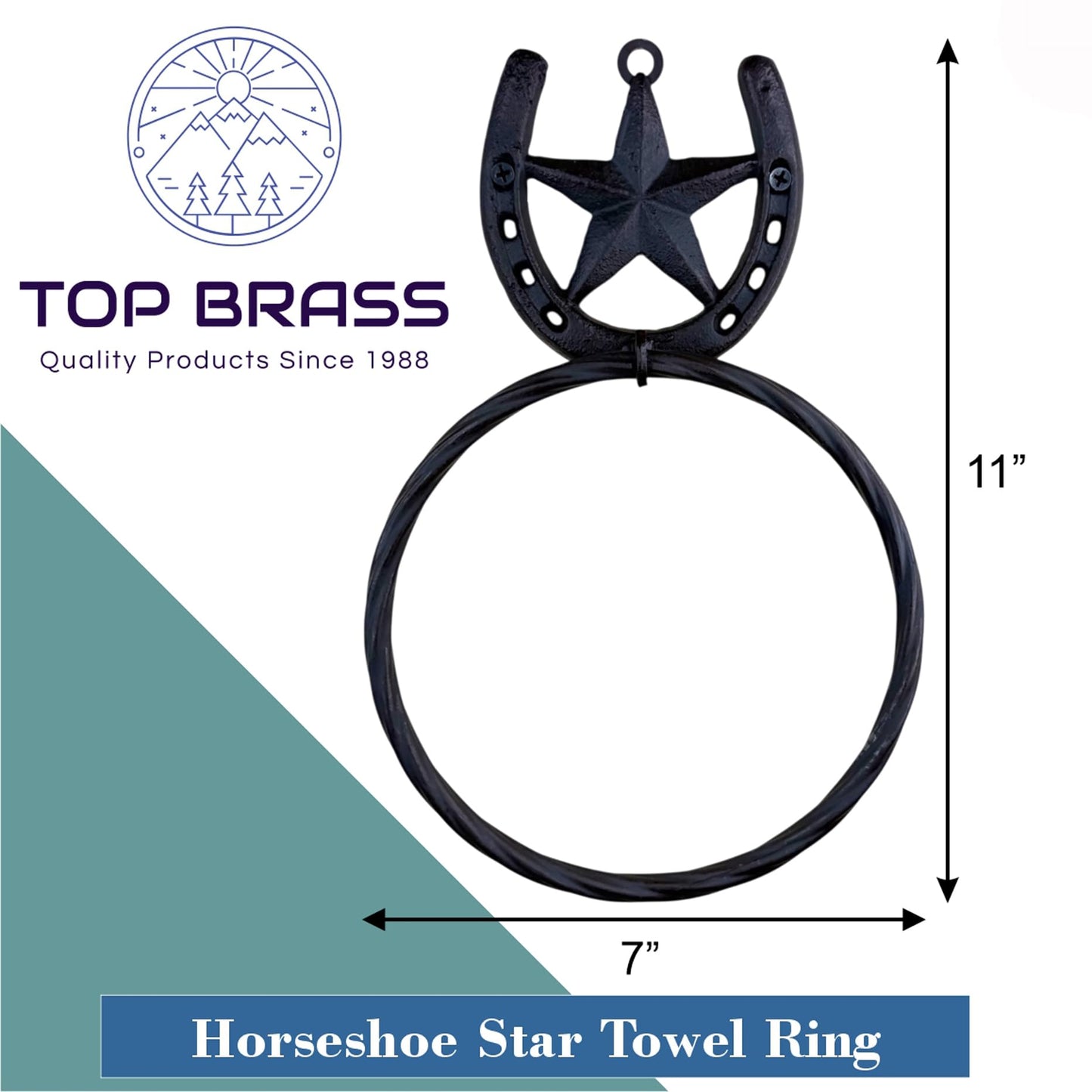 Rustic Western Horseshoe Towel Ring with Barn Star – Heavy Duty Cast & Wrought Iron Wall-Mounted Hand Towel Holder – 11” x 7” – Rustic Brown Finish