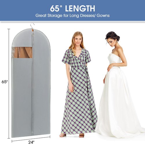 4 Pack - 65" Dress Garment Bags for Hanging Clothes, Dress Bags for Gowns Long, Foldable Long Garment Bag with Clear Window for Closet Storage and Travel - Gray