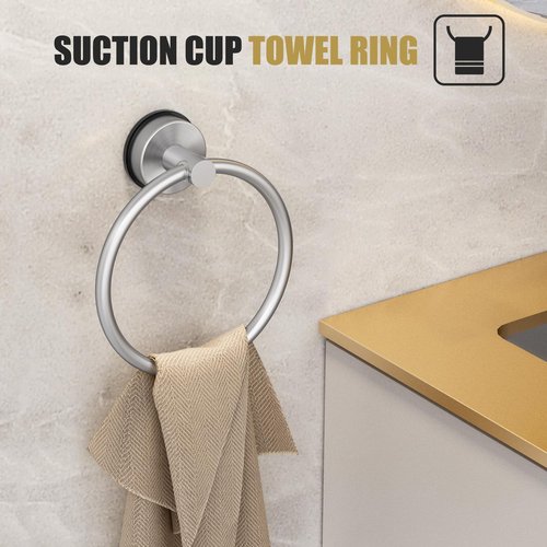 Brushed Nickel Suction Cup Bathroom Accessories Set,Towel Racks for Bathroom,5 Piece Bathroom Hardware Set Restroom Accessories,Includes 24" Towel Bar,Towel Ring,Toilet Paper Holder,Suction Cup Hooks