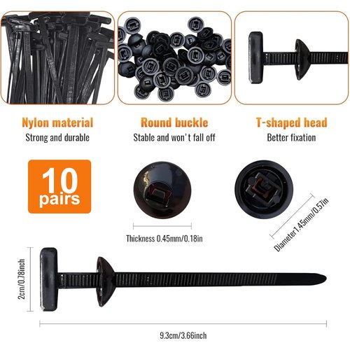 Nylon Universal Cable Tie Buckle Zipper Clips for Car Zip Tie Buckles Automotive Heavy Duty UV Resistant Fender Zip Ties Zip Tie Rivets Buttons (10 Pairs)